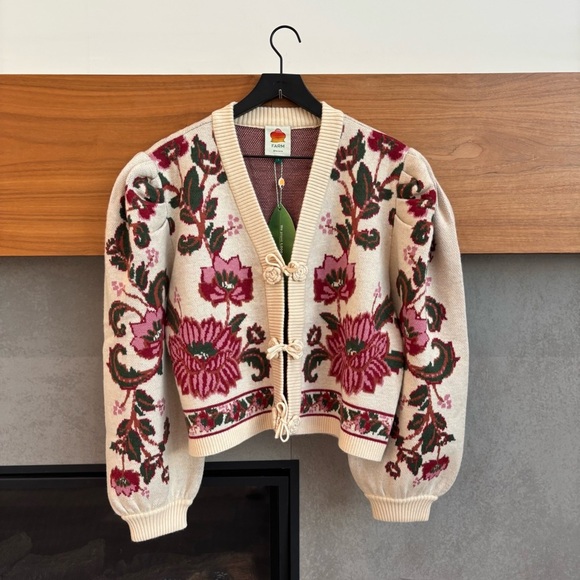 NWT Farm Rio Ravenala Floral-intarsia Knitted Cardigan Cream, Size L - Picture 6 of 15